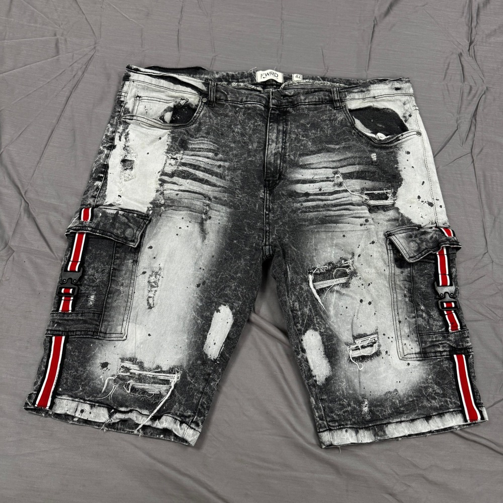 FWRD Denim Mens 42 Distressed Cargo Shorts Black White Acid Wash Splatter Y2K